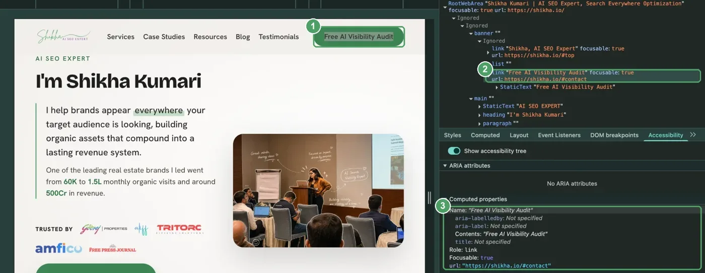 Chrome DevTools accessibility tree for shikha.io showing the Free AI Visibility Audit button as a link with its name and role