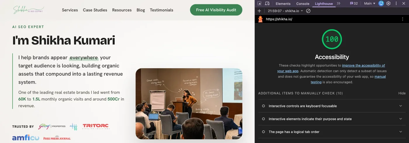 shikha.io homepage next to a Lighthouse Accessibility score of 100