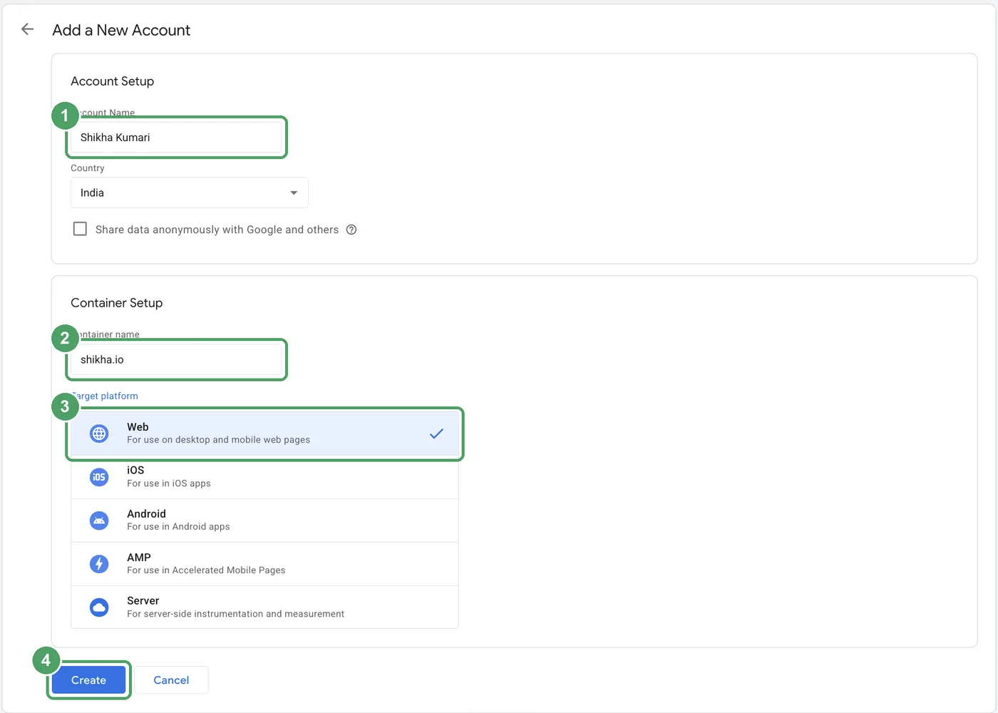 Google Tag Manager Add a New Account form with account name, container name, Web platform and Create button highlighted