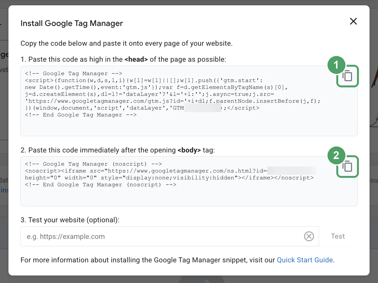 Install Google Tag Manager box with the two copy buttons highlighted