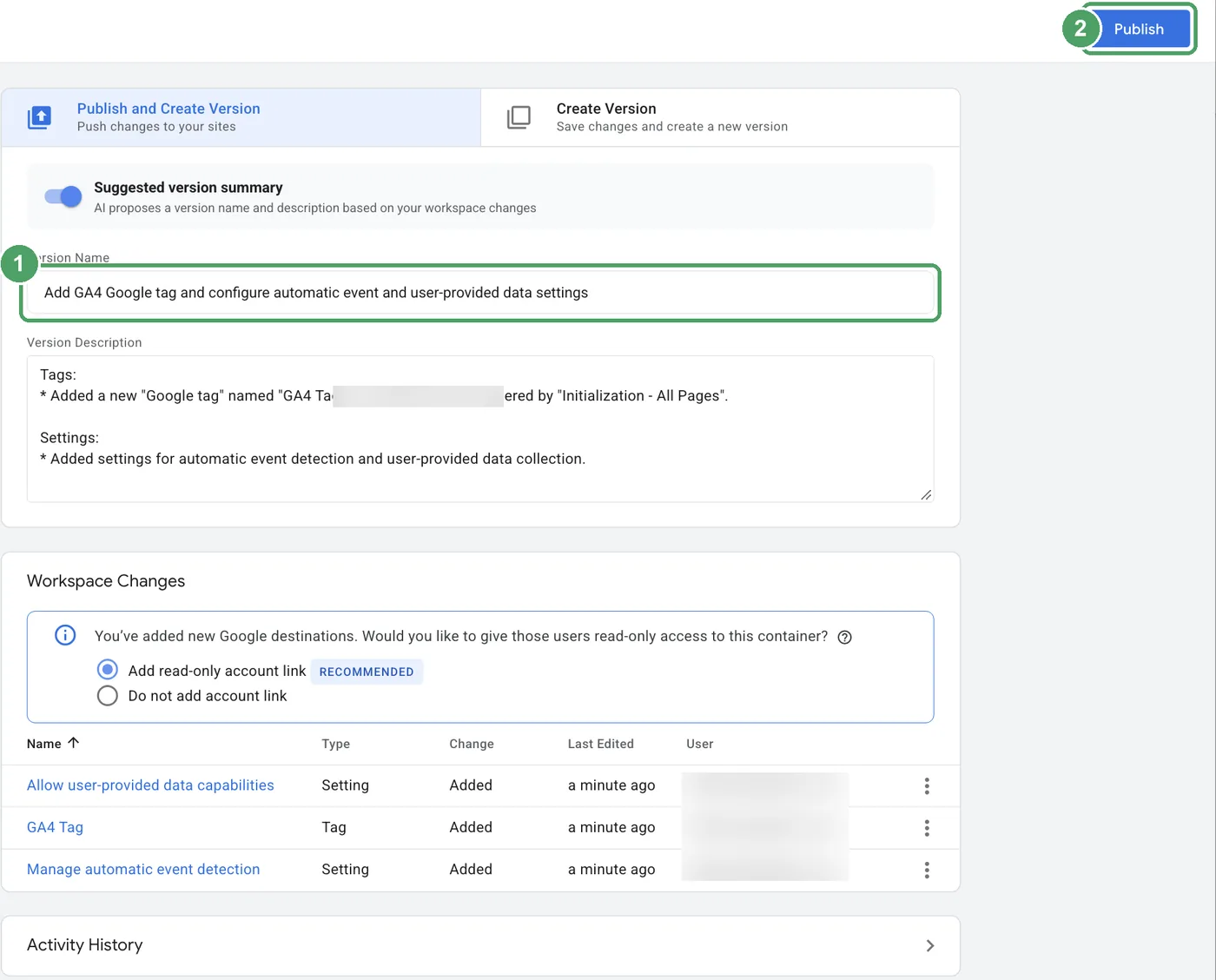 Google Tag Manager Submit Changes screen with the version name field and Publish button highlighted
