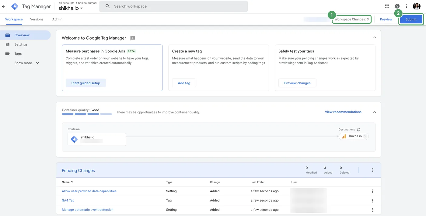Google Tag Manager showing Workspace Changes 3 with the Submit button highlighted