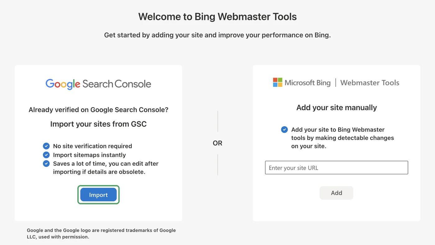 Bing Webmaster Tools welcome screen with the Import from Google Search Console button highlighted