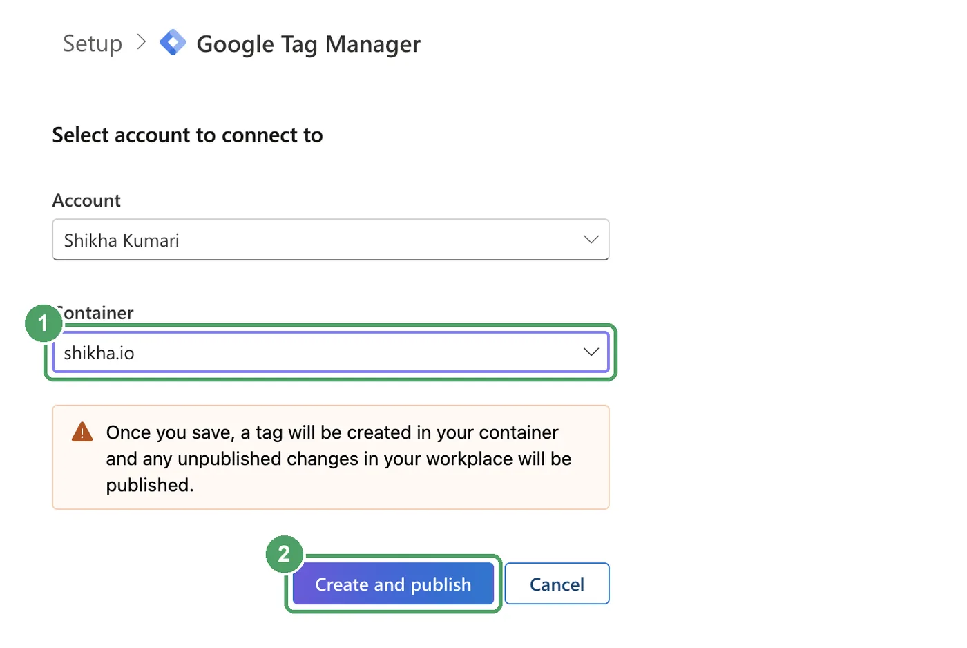 Microsoft Clarity setup connecting to Google Tag Manager with the container field and Create and publish button highlighted