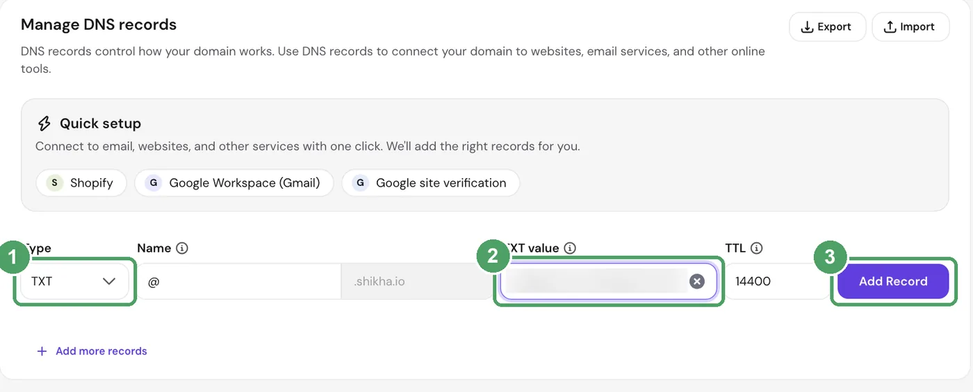 Hostinger DNS settings with the record type, TXT value and Add Record button highlighted