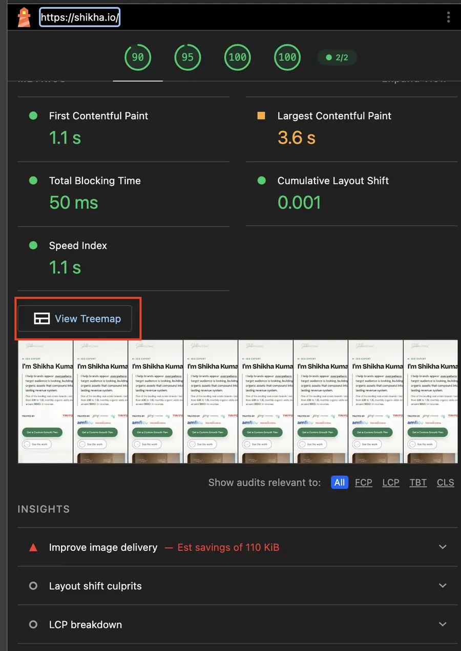 Lighthouse metric tiles for shikha.io with the View Treemap button highlighted