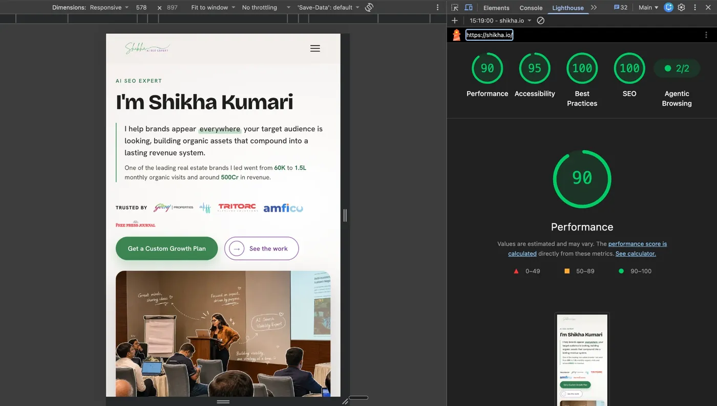 Lighthouse report for shikha.io on mobile showing Performance 90, Accessibility 95, Best Practices 100 and SEO 100
